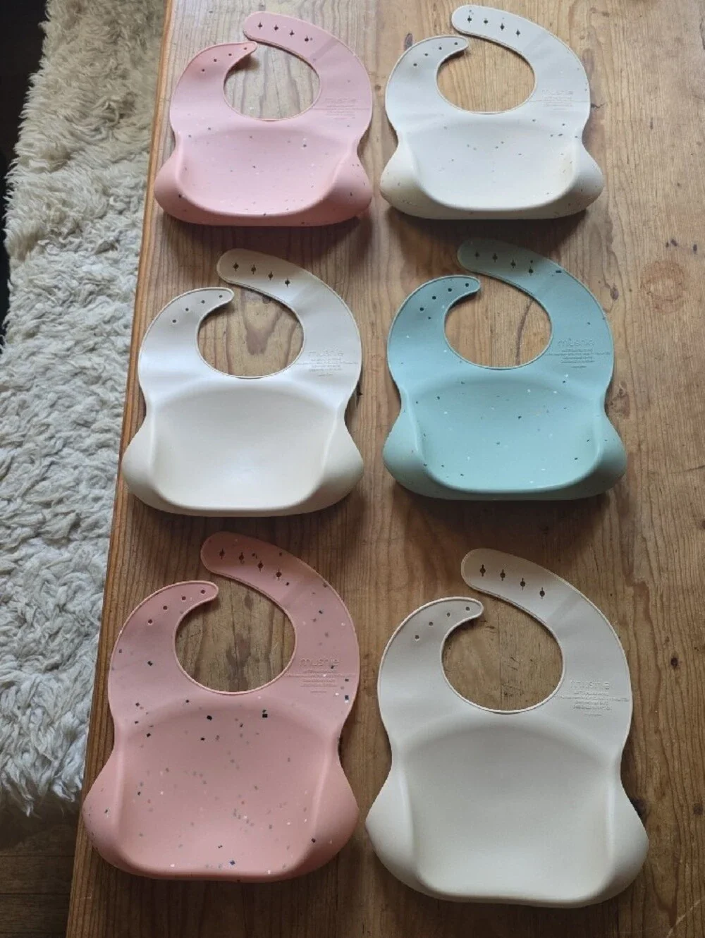 Lot Of 6 Silicone Baby Bibs with Crumb Catcher -Pink, Mint & Cream Mix By Mushie